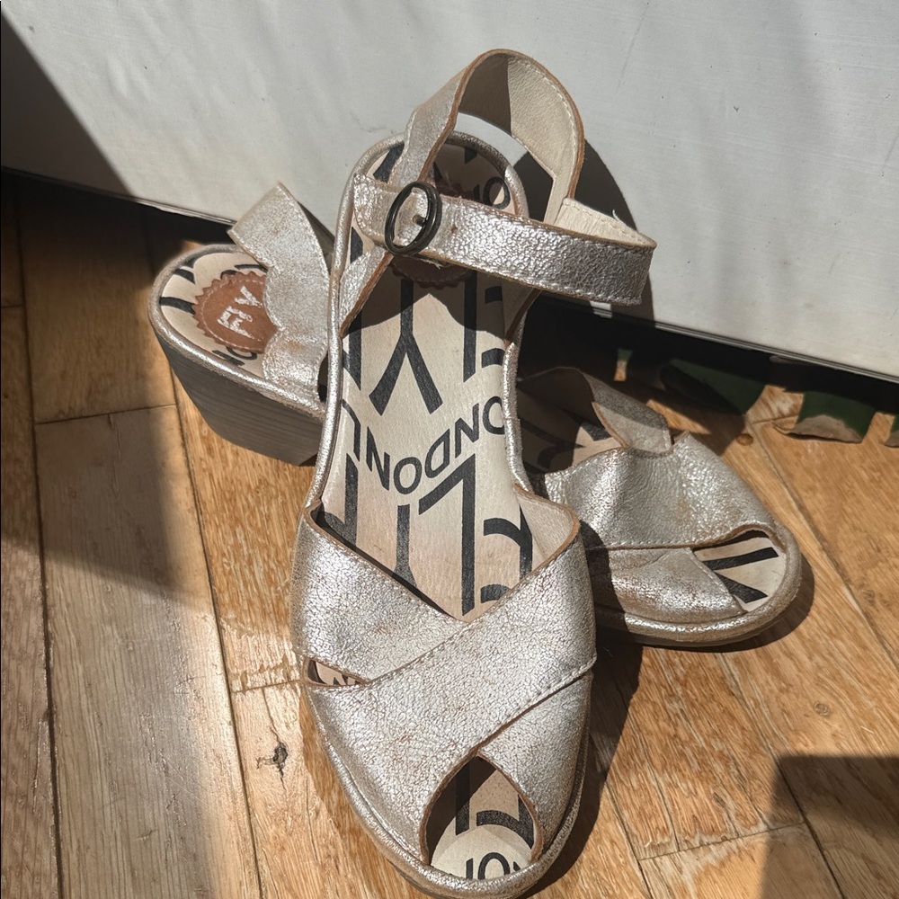 Fly London Metallic Champagne Crisscross Sandal Heels